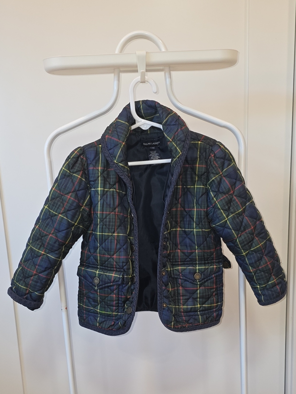 Ralph Lauren Quilted Plaid Puffer Jacket in Navy w/ Yellow & Red Accents 3T